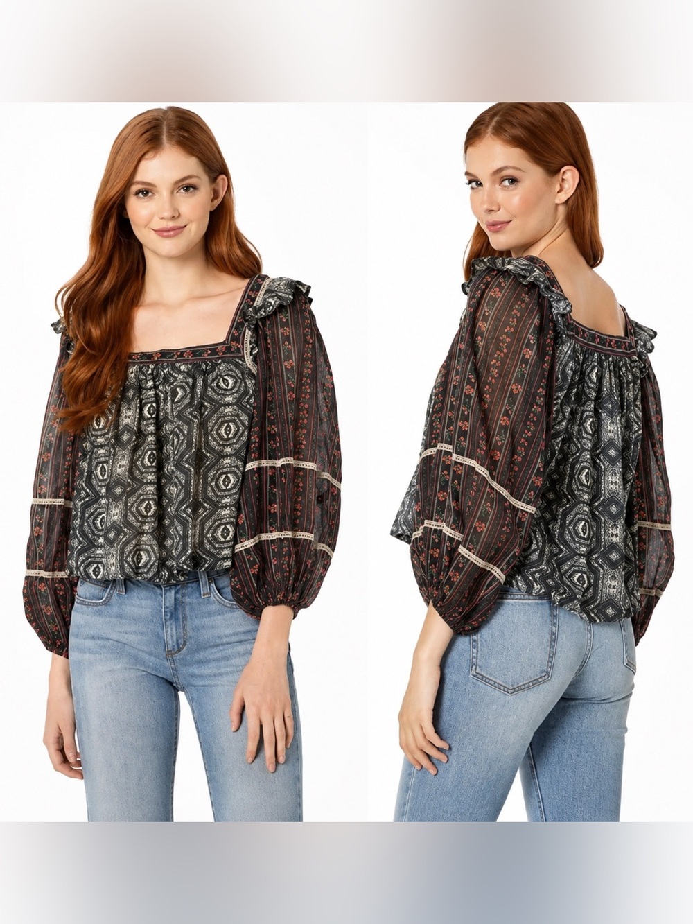 Free People Mostly Meadow Boho Peasant Cotton Gauze Blouse XS /S